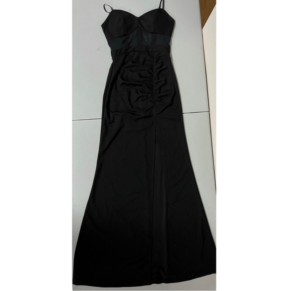 Windsor Black Mesh Corset Caging Ruched Split-Leg Prom Gown Maxi Dress Size S 🖤